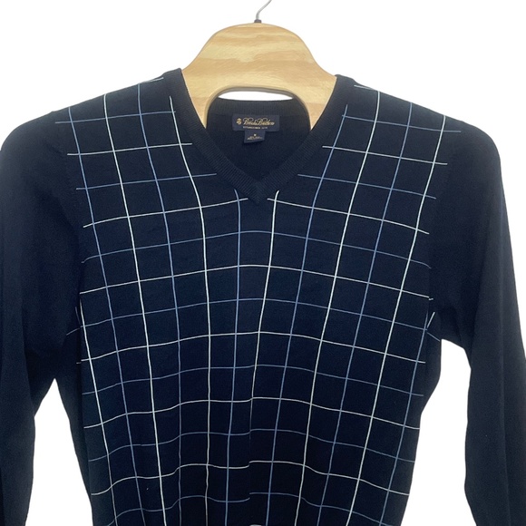 Brooks Brothers Medium Blue Plaid Silk Cotton‎ V-Neck Sweater - Picture 4 of 5